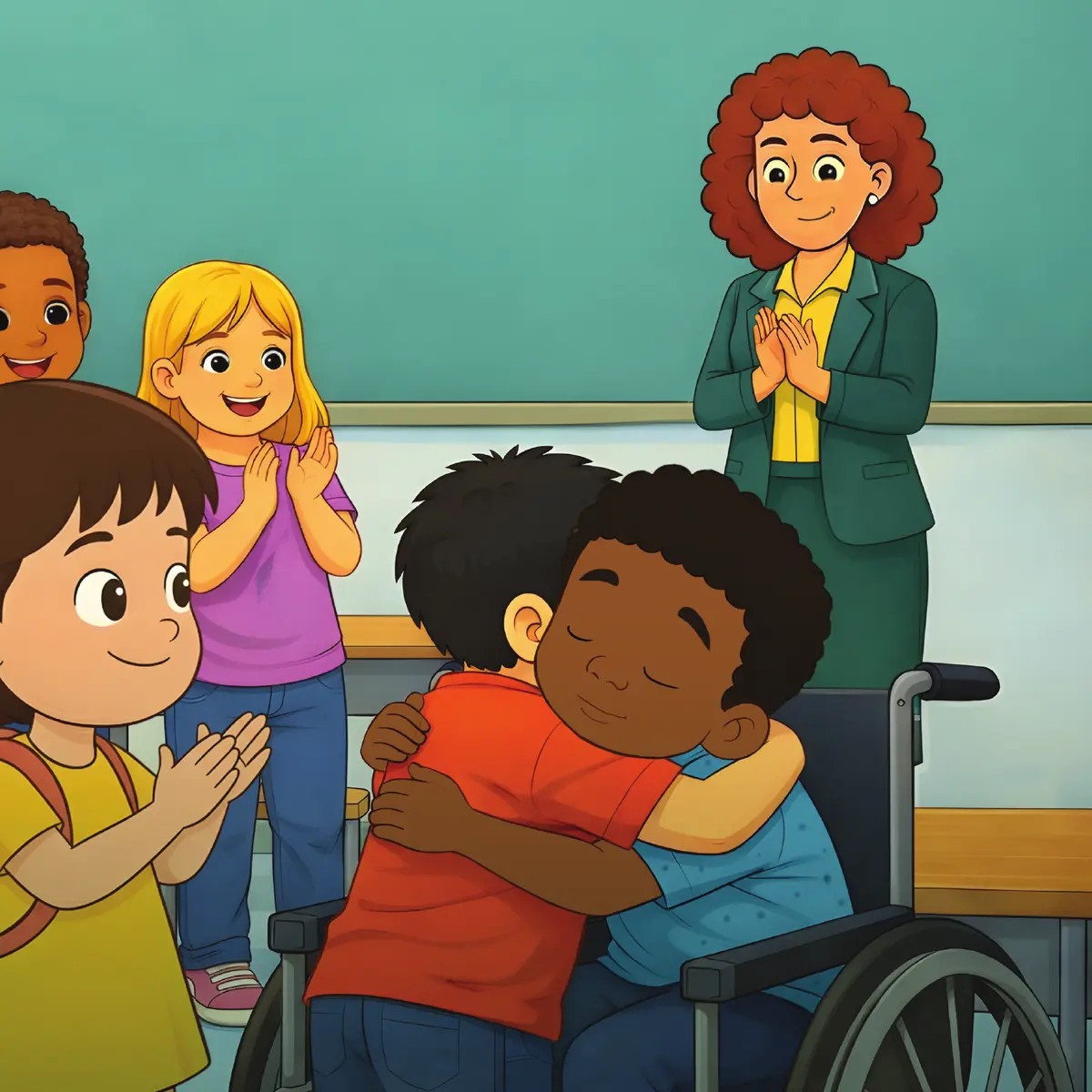 Chris and his classmates sharing a hug in their classroom